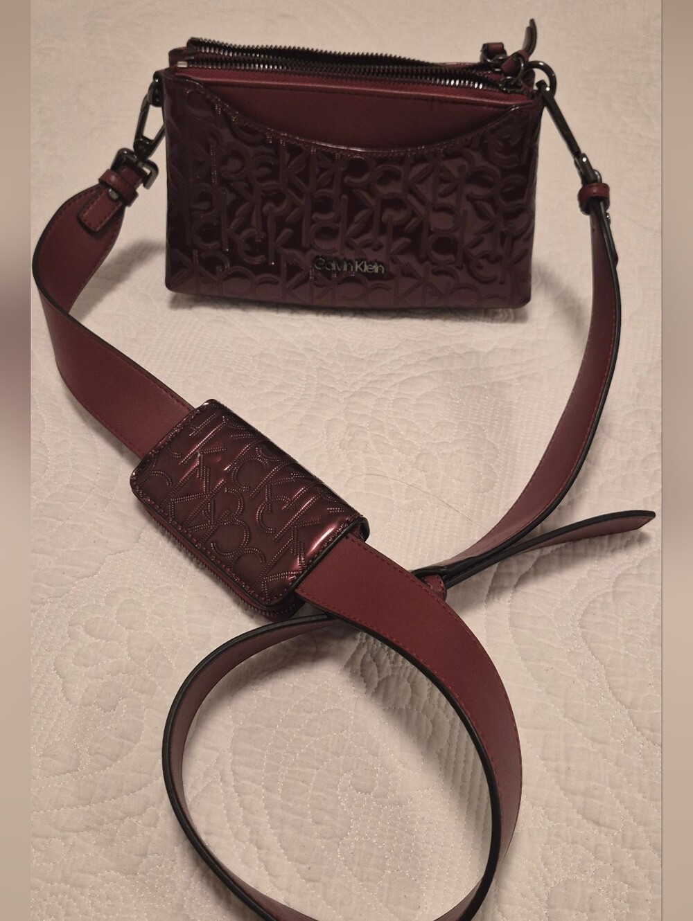 Calvin Klein Burgundy Embossed Logo Crossbody with Wide Strap